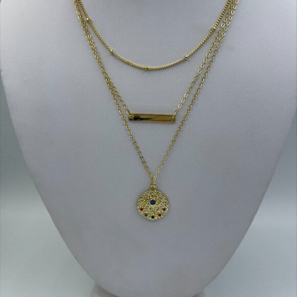 New 3 tiered chain necklace with medallion ,good luck eye, bar charm, gold tones - Picture 4 of 9